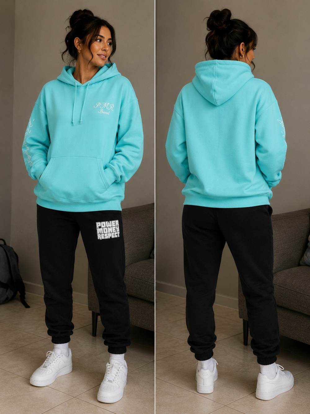 Light Teal Hooded Pullover with Script Detail